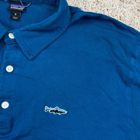 Patagonia Mens Polo Shirt Blue Medium Solid Button Short Sleeve Organic Cotton - Picture 7 of 8